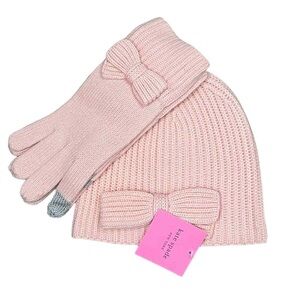NWT Kate Spade English Rose Pink Half Bow Beanie and Glove Set